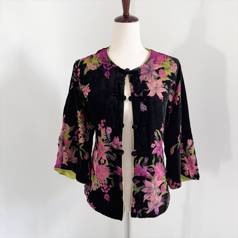 Zhen Zhen Velvet Cardigan Top Womens XXL Black Pink Asian Floral Fairy Feminine
